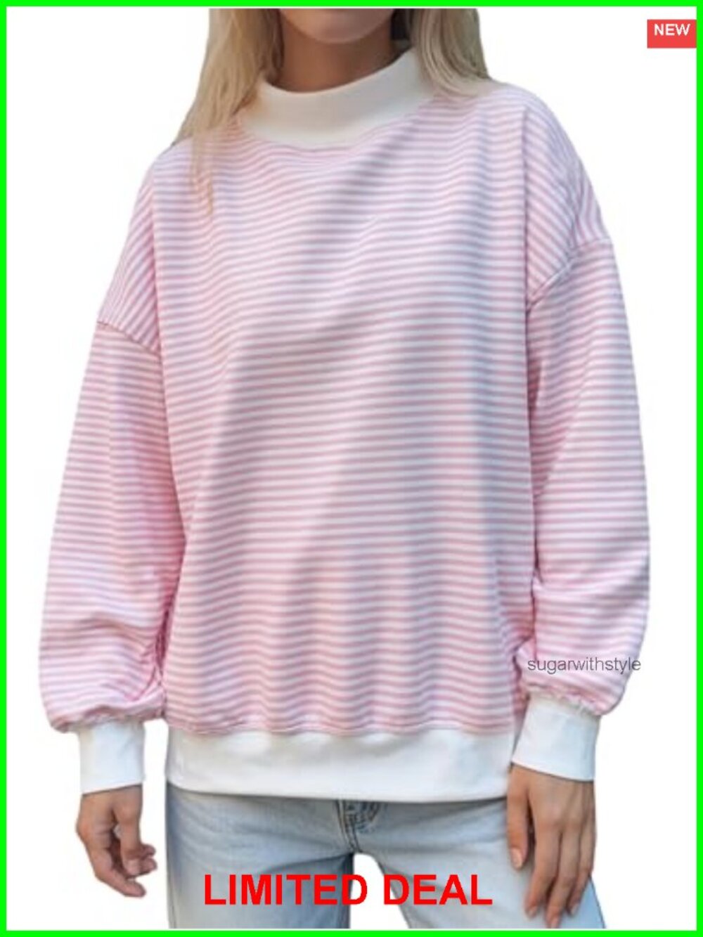 Oversized Striped Mock Neck Sweatshirt Cotton Turtleneck Pullover Long Sleeve